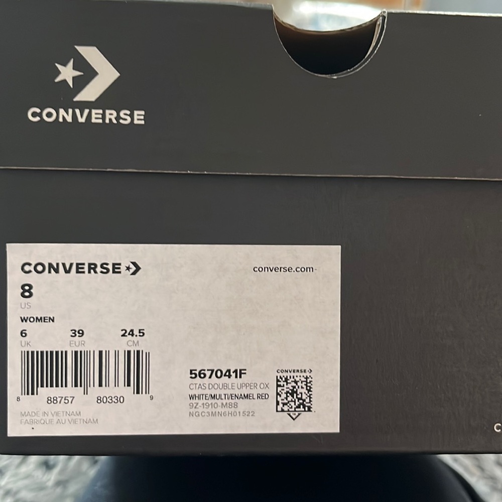 Brand new converse white/animal print/red sneaker, sz 8 women’s.